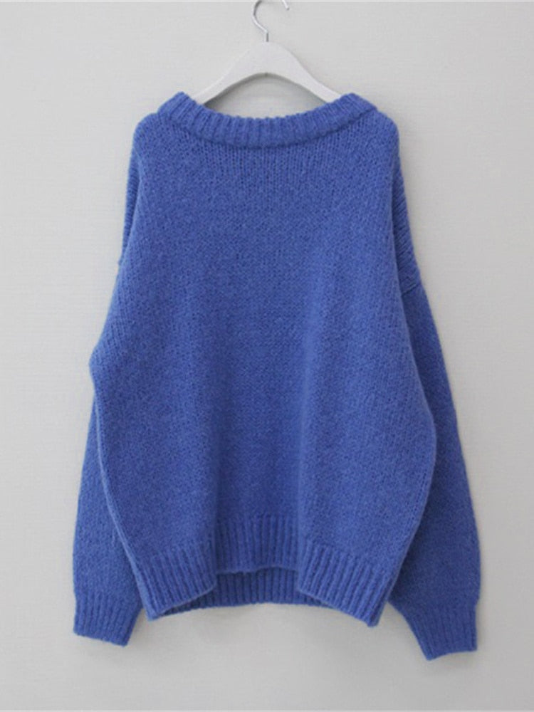 Suéteres femininos pulôver em tricô para o inverno, pulôver casual de tricô de manga comprida solta