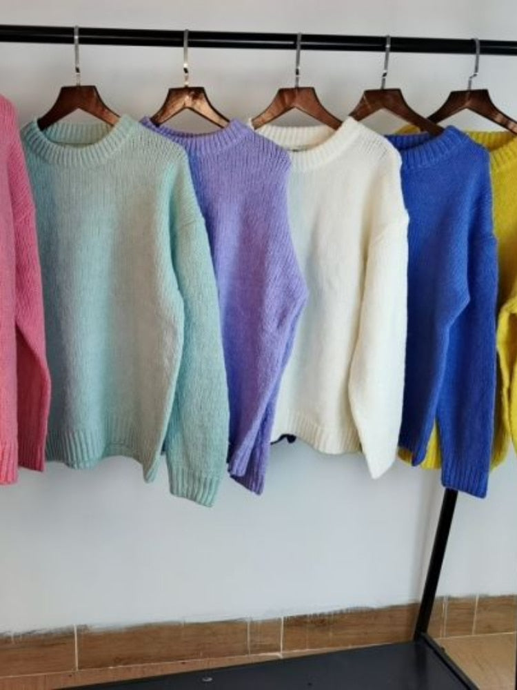 Suéteres femininos pulôver em tricô para o inverno, pulôver casual de tricô de manga comprida solta